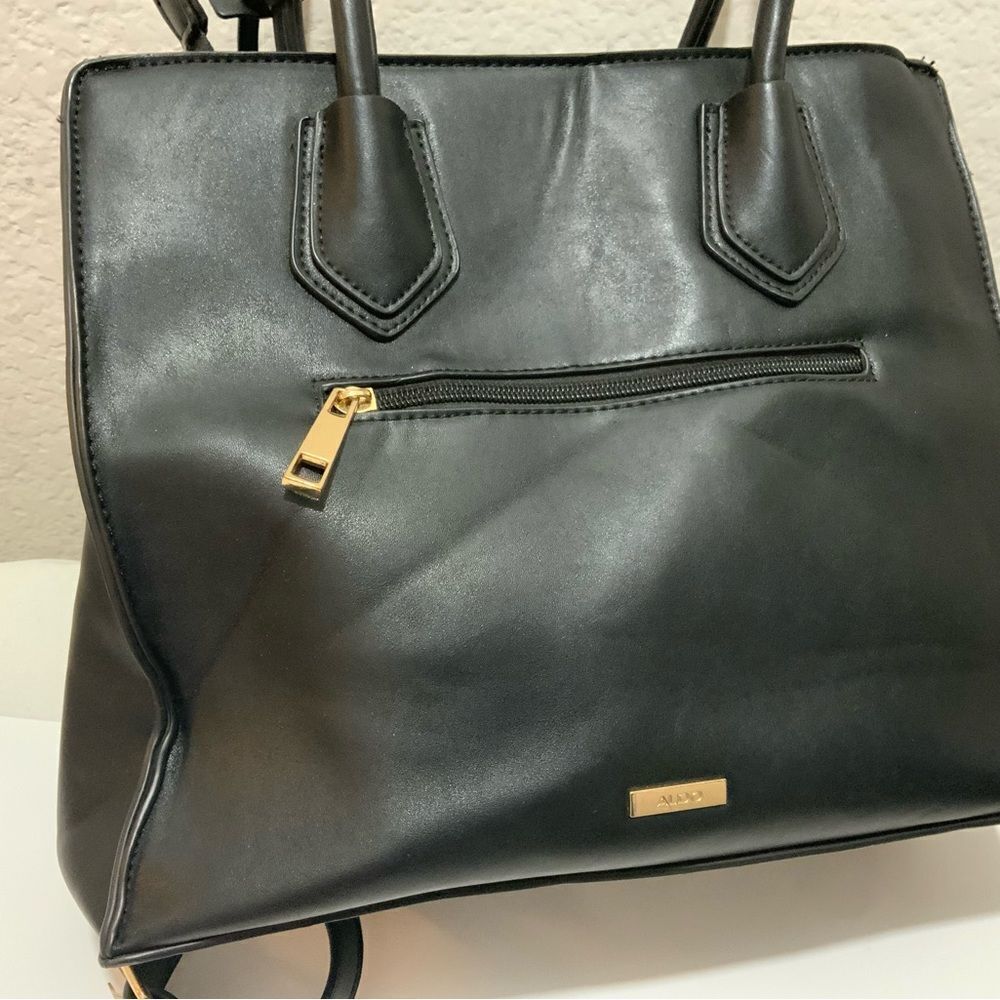 Aldo Womens Satchel Handbag Black Pockets Dual Handle Chain Zipper Faux Leather - Picture 3 of 16